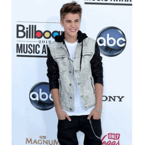 Justin Bieber Denim Jacket with Black Leather Sleeves