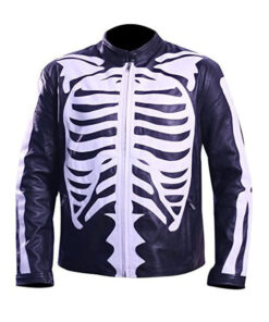 Halloween Skeleton Print Black Leather Jacket