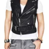 Men’s Asymmetrical Belted Black Leather Vest