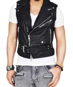 Men’s Asymmetrical Belted Black Leather Vest
