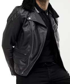 Men's Leather Biker Jacket with Fur Collar