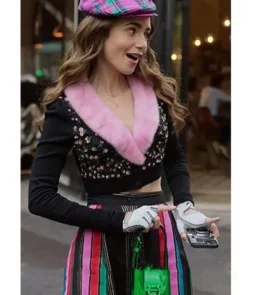Emily In Paris Lily Collins Fur Collar Cardigan