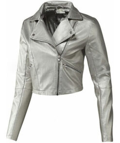 Women Biker Style Silver Leather Jacket