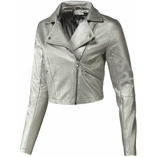 Women Biker Style Silver Leather Jacket