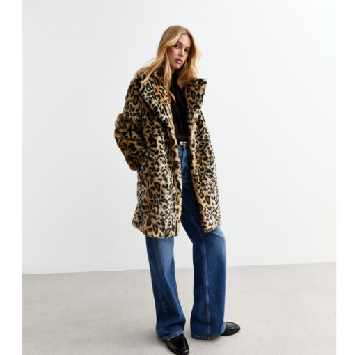 Brown Leopard Print Faux Fur Coat