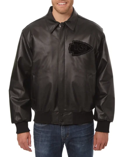 Kansas City Chiefs Tonal Full Black Leather Bomber Jacket