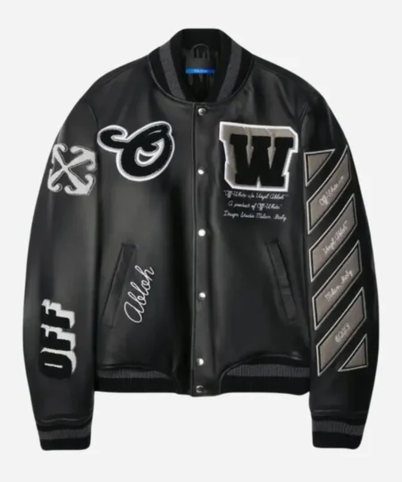 Off White Black Leather Varsity Jacket