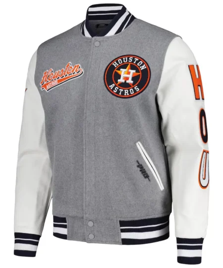 Script Tail Houston Astros Heather Gray and White Varsity Jacket