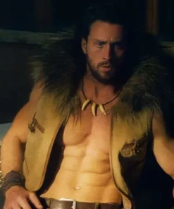 Kraven-the-Hunter-2024-Aaron-Taylor-Johnson-Brown-Fur-Leather-Vest