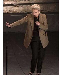 Emma Thompson Checked Khaki Coat