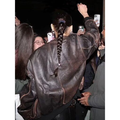 NYC 2025 Bella Hadid Brown Leather Jacket