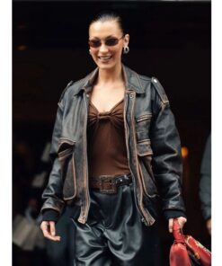 NYC 2025 Bella Hadid Brown Leather Jacket
