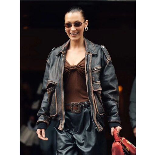 NYC 2025 Bella Hadid Brown Leather Jacket