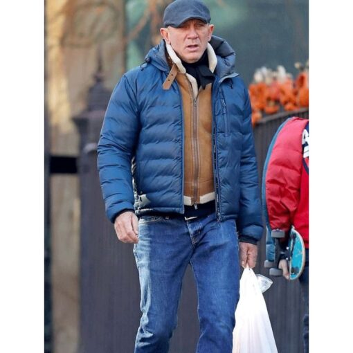 James Bond Street Style Blue Puffer Hooded Jacket