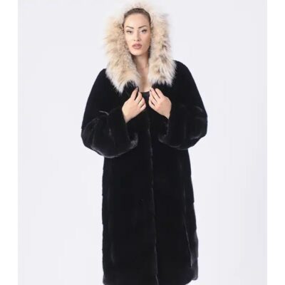 Selene Fur Hooded Black Mink Fur Long Coat