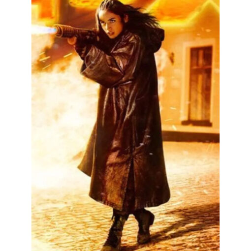 Ana de Armas Ballerina 2025 Hooded Leather Coat