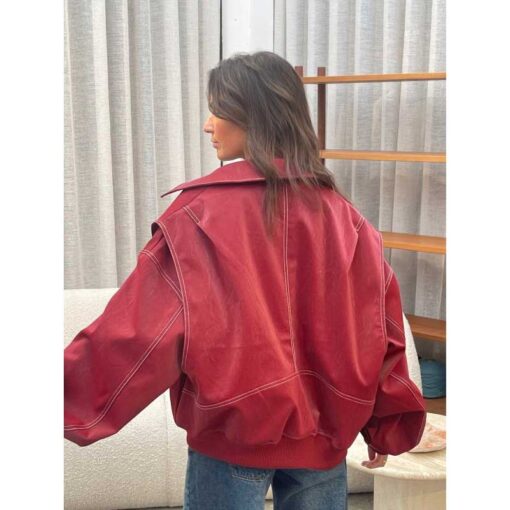 Oversized Contrast Stitch Red Jacket