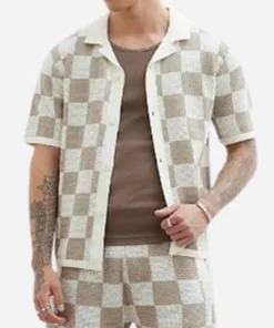 Love Island UK S12 Ben Holbrough Beige Knitted Check Shirt