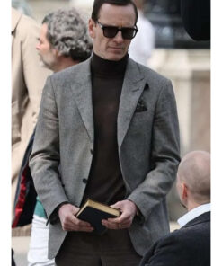 Michael Fassbender Black Bag 2025 George Woodhouse Grey Blazer
