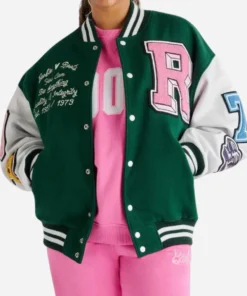 Women’s Leather Varsity Green & White Jacket