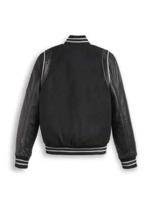 Black Varsity Bomber Leather Jacket With Stripes - Image 2