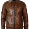 Mens Distressed Leather Jacket Belted Brown Fur Collar