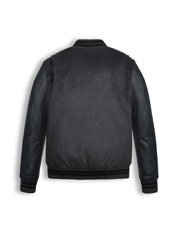 Men Black Wool Varsity Bomber Leather Jacket - Image 2