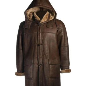 Men Brown Shearling Bomber Hooded Coat