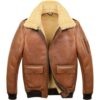 Mens Aviator Camel Brown A2 Fur Shearling Leather Bomber Jacket