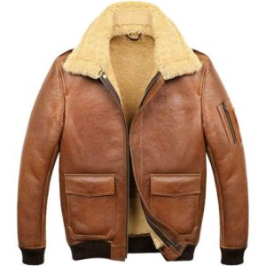 Mens Aviator Camel Brown A2 Fur Shearling Leather Bomber Jacket