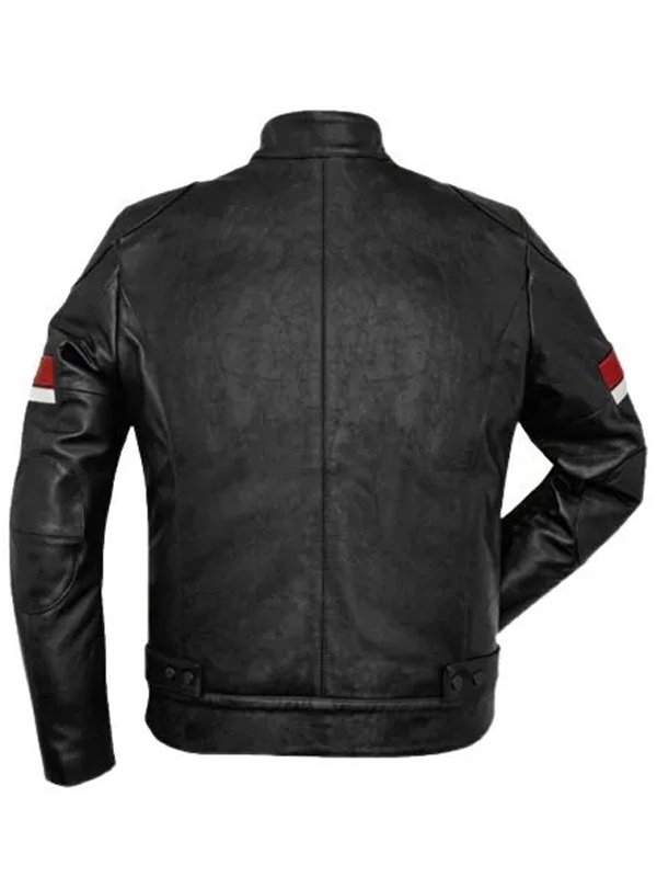 Black Leather Red and White Striped Cafe Racer Jacket