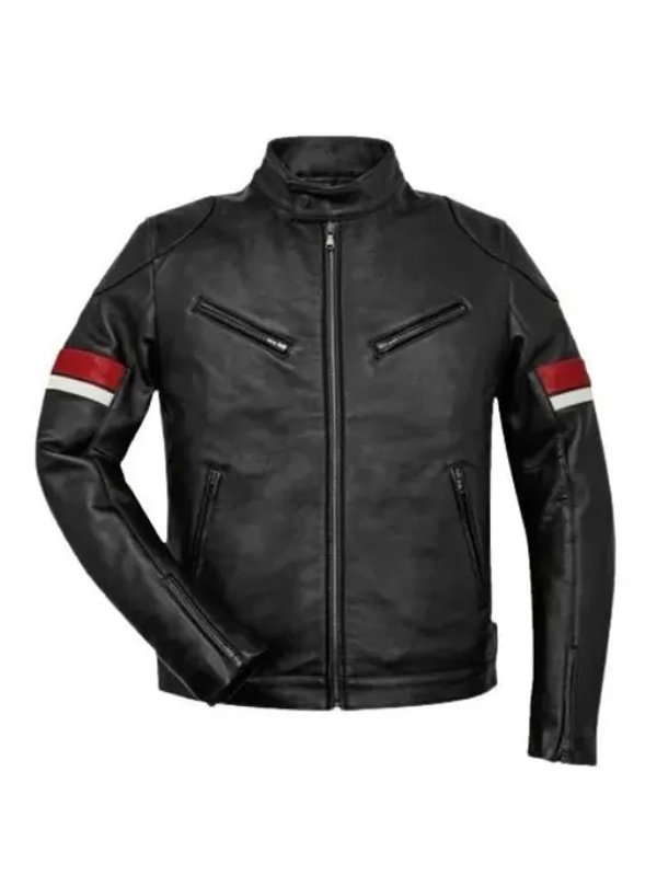 Black Leather Red and White Striped Cafe Racer Jacket