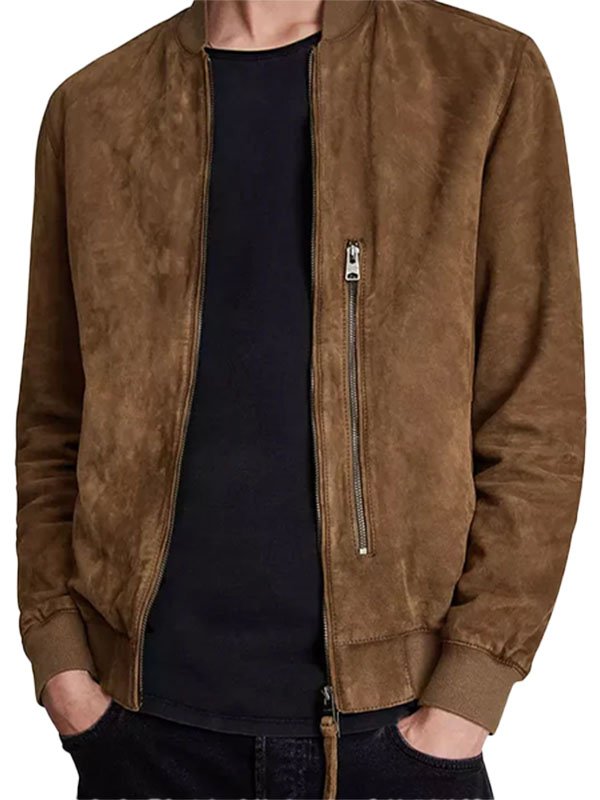 Mens Brown Suede Leather Bomber Jacket