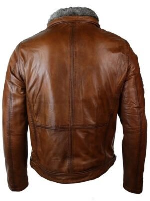 Mens Distressed Leather Jacket Belted Brown Fur Collar - Image 2