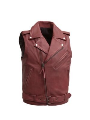 Red Leather Motorcycle Vest For Mens