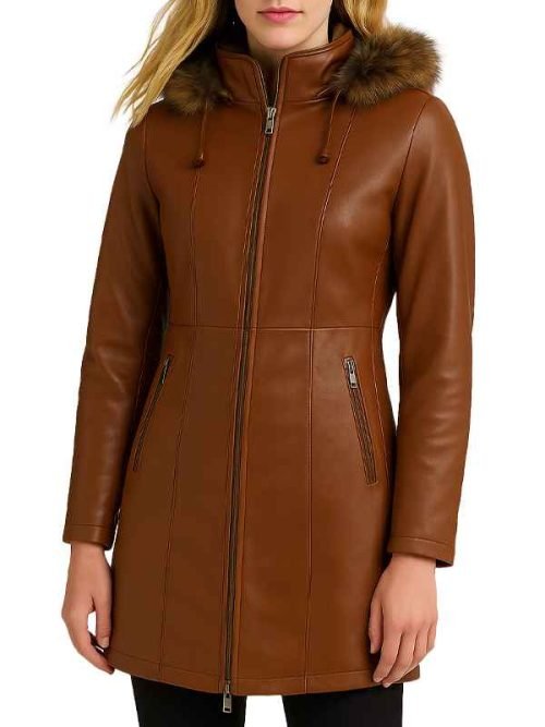 Women’s Brown Belted Leather Coat