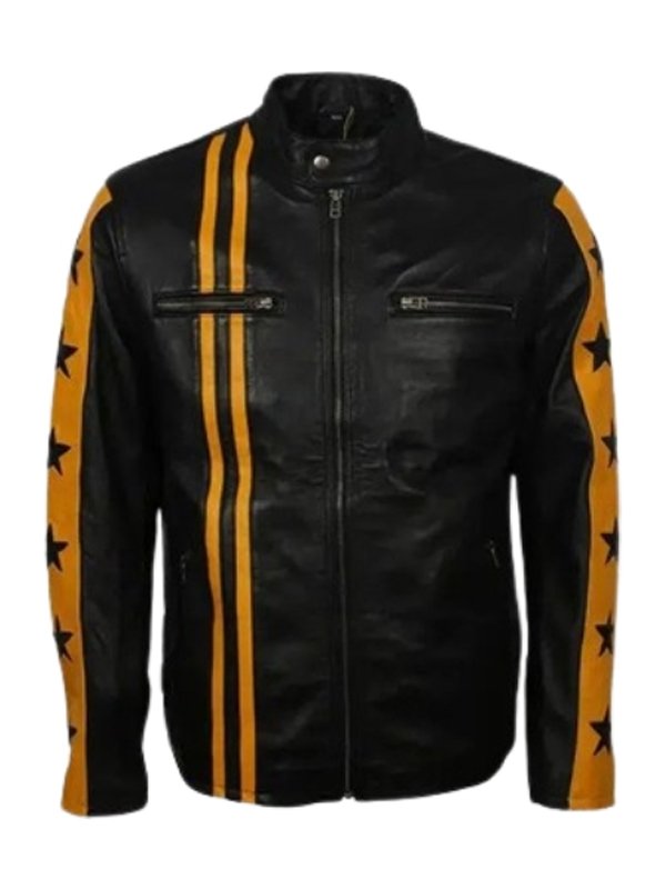 Men’s Biker Yellow Star Black Leather Jacket