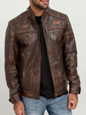Brown Distressed Cafe Racer Leather Jacket For Mens