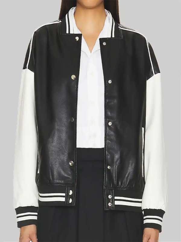 Women’s Black and White Leather Varsity Jacket - Image 2