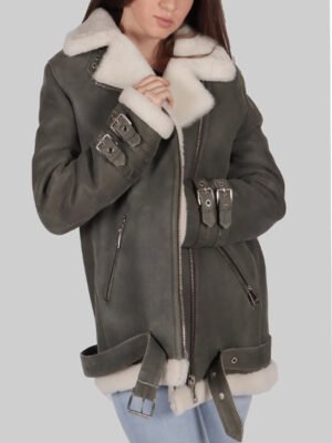 Womens Grey B-3 Bomber Leather Jacket