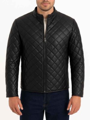 Men’s Classic Style Black Leather Quilted Jacket