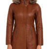 Women’s Shearling Hooded Brown Leather Coat