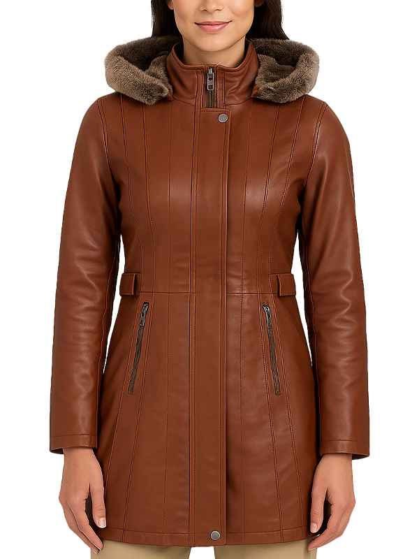 Women’s Shearling Hooded Brown Leather Coat