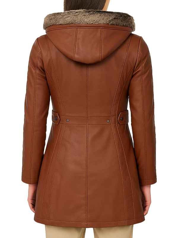 Women’s Shearling Hooded Brown Leather Coat