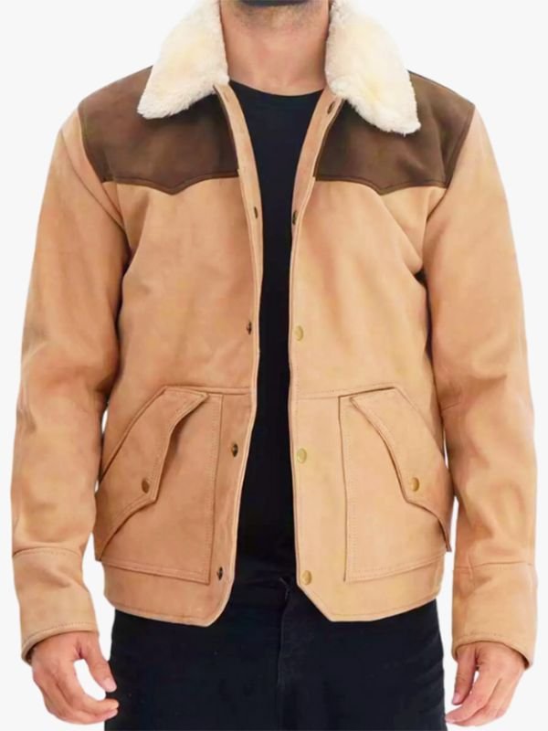 Men's Cowboy Brown Bomber Shearling Suede Leather Jacket
